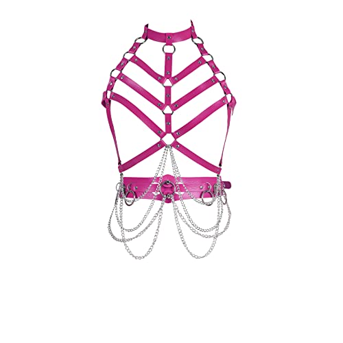 Damen Body Harness Leder BH Strumpfband Anzug Out Gürtel Gothic Punk Gürtel Strumpfband Dance Fashion Weihnachtskostüm (Rose Red) von BBOHSS