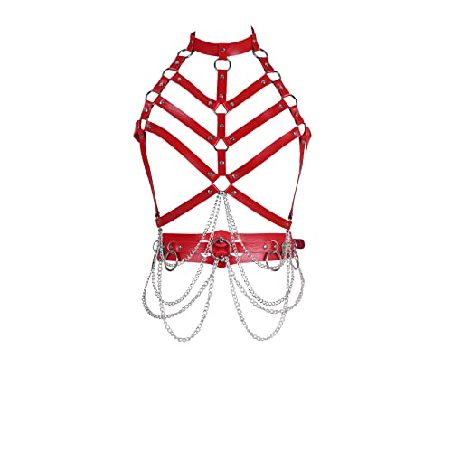 Damen Body Harness Leder BH Strumpfband Anzug Out Gürtel Gothic Punk Gürtel Strumpfband Dance Fashion Weihnachtskostüm (rot) von BBOHSS