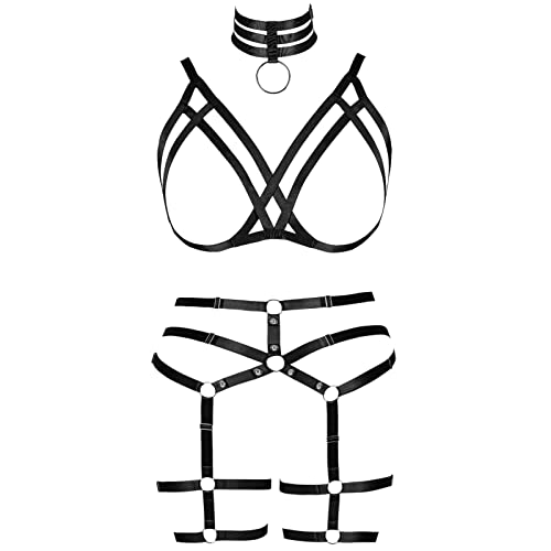 Damen Body Harness Mode BH Plus Size Bein Taille Strumpfgürtel Hohler Käfig Punk Gothic Karneval Weihnachten Tanzkostüm (Schwarz) von BBOHSS