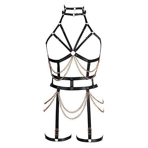 Damen Body Harness Mode BH Punk Strumpfgürtel Strümpfe Mode Vollkäfig Hohl Elastisch Gothic Tanzkostüm (Schwarz) von BBOHSS