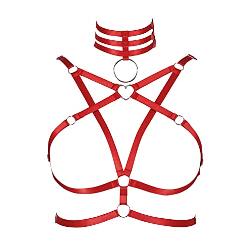 Damen Body Harness Pentagram Plus Size BH Hohl Unterwäsche BH Punk Gothic Halloween Mode Tanzkleidung (Weinrot) von BBOHSS