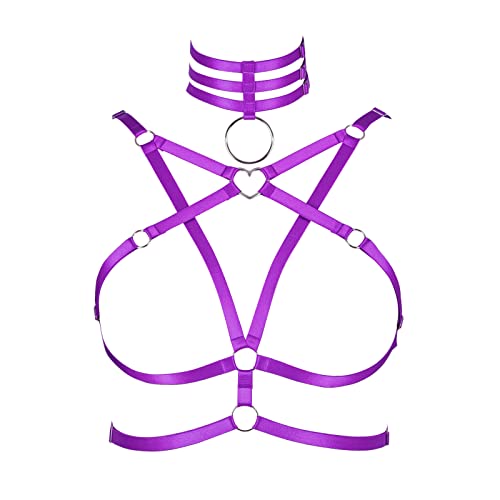 Damen Body Harness Pentagram Plus Size BH Hohl Unterwäsche BH Punk Gothic Halloween Mode Tanzkleidung (lila) von BBOHSS