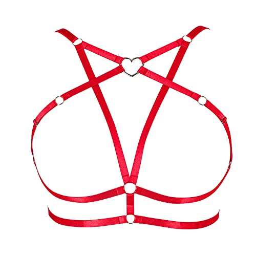 Damen Body Harness Plus Size Pentagramm Mode BH Punk Gothic Top Hohler Gürtel Weihnachten Karneval Halloween Tanzkostüm (rot) von BBOHSS