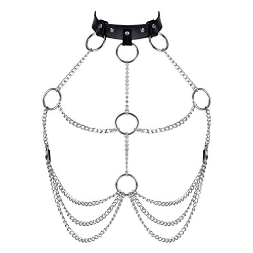 Damen Body Harness Punk Karneval PU Leder Metallkette BH Punk Gothic Halloween Tanz Kostüm Zubehör (schwarz + Silber) von BBOHSS