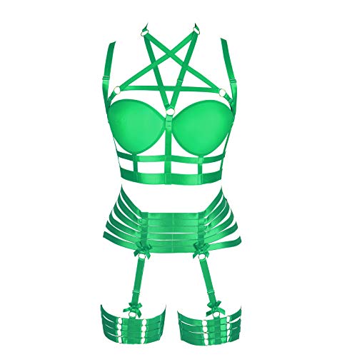 Damen Body Harness Set Karneval Strumpfband Gürtel Set Elastic Hollow Top BH Punk Gothic Tanz Kostüm Zubehör (Grün) von BBOHSS