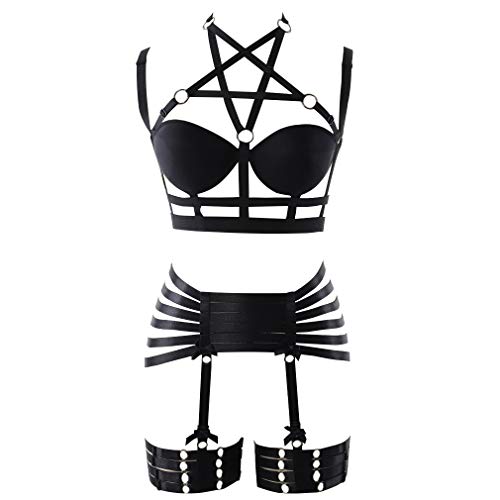 Damen Body Harness Set Karneval Strumpfband Gürtel Set Elastic Hollow Top BH Punk Gothic Tanz Kostüm Zubehör (Schwarz) von BBOHSS