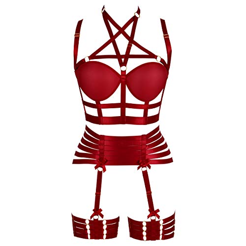 Damen Body Harness Set Karneval Strumpfband Gürtel Set Elastic Hollow Top BH Punk Gothic Tanz Kostüm Zubehör (Weinrot) von BBOHSS