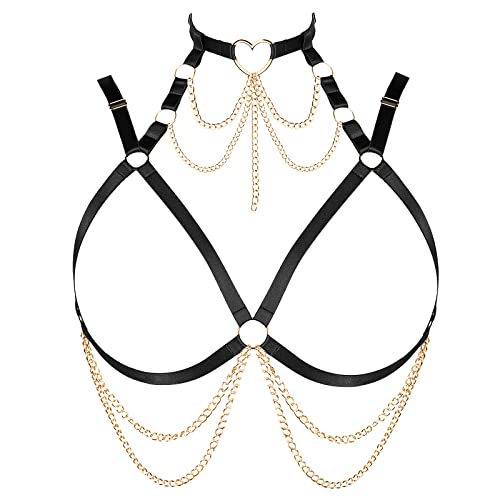 Damen Körper Harness BH Plus Größe Hohl Metall Kette Mode Punk BH Gothic Halloween Tanz Kostüm (Schwarz+Gold F) von BBOHSS