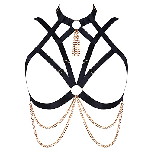 Damen Körper Harness BH Plus Größe Hohl Metall Kette Mode Punk BH Gothic Halloween Tanz Kostüm (Schwarz+Gold G) von BBOHSS
