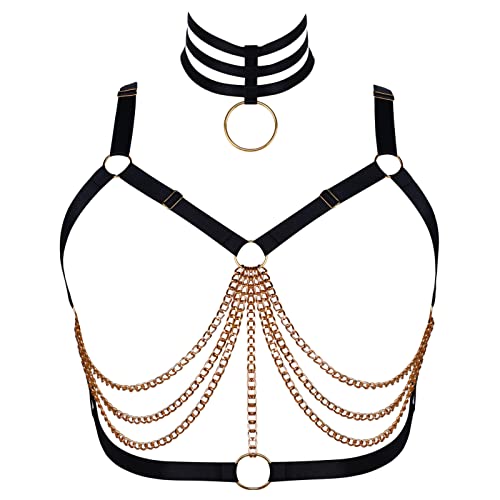 Damen Körper Harness BH Plus Größe Hohl Metall Kette Mode Punk BH Gothic Halloween Tanz Kostüm (Schwarz+Gold I) von BBOHSS