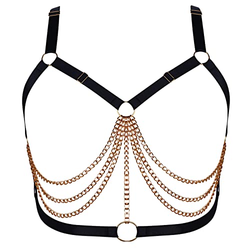 Damen Körper Harness BH Plus Größe Hohl Metall Kette Mode Punk BH Gothic Halloween Tanz Kostüm (Schwarz+Gold J) von BBOHSS