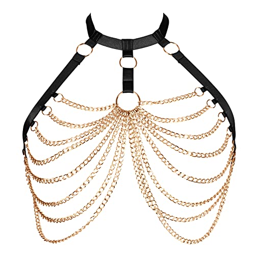 Damen Körper Harness BH Plus Größe Hohl Metall Kette Mode Punk BH Gothic Halloween Tanz Kostüm (Schwarz+Gold K) von BBOHSS