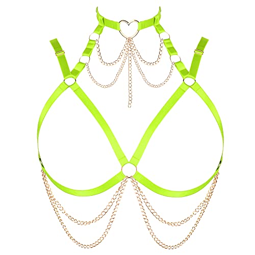 Damen Körper Harness BH Plus Größe Hohl Metall Kette Mode Unterwäsche Punk Gothic Halloween Tanz Kostüm (Fluoreszierendes Grün+Gold) von BBOHSS