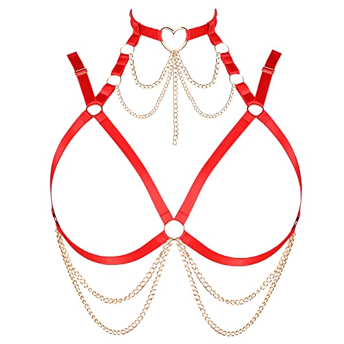 Damen Körper Harness BH Plus Größe Hohl Metall Kette Mode Unterwäsche Punk Gothic Halloween Tanz Kostüm (Rot+Gold) von BBOHSS