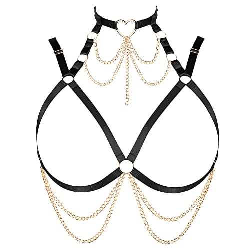 Damen Körper Harness BH Plus Größe Hohl Metall Kette Mode Unterwäsche Punk Gothic Halloween Tanz Kostüm (Schwarz+Gold) von BBOHSS