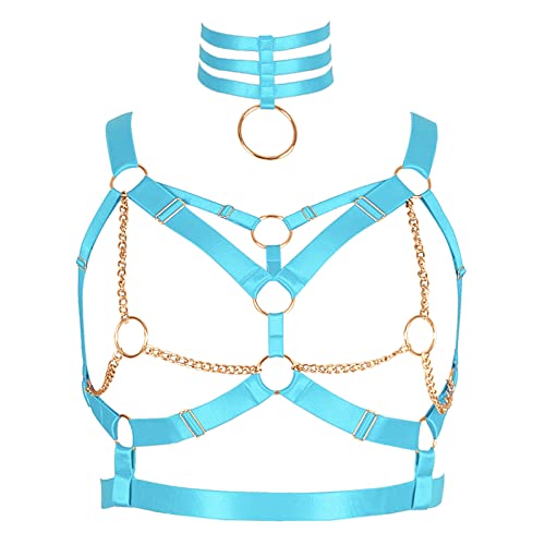 Damen Körper Harness BH Plus Größe Hohlrahmen Metall Kette Mode Unterwäsche Punk Gothic Halloween Tanz Kostüm (Himmelblau+Gold) von BBOHSS