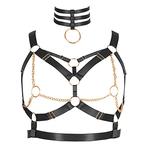 Damen Körper Harness BH Plus Größe Hohlrahmen Metall Kette Mode Unterwäsche Punk Gothic Halloween Tanz Kostüm (Schwarz+Gold) von BBOHSS