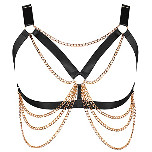 Damen Körper Harness BH Plus Größe Metall Kette Mode Hohl Punk Gothic Halloween Karneval Kostüm (Schwarz) von BBOHSS