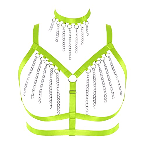 Damen Körper Harness BH Plus Size Hohl Metall Kette Punk BH Gothic Karneval Weihnachten Halloween Tanz Kostüm (Fluoreszierendes Grün) von BBOHSS