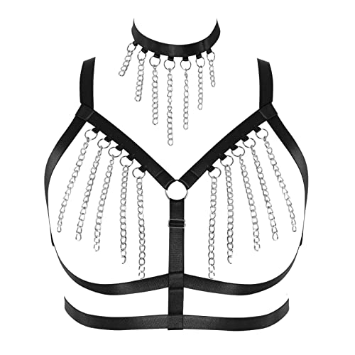 Damen Körper Harness BH Plus Size Hohl Metall Kette Punk BH Gothic Karneval Weihnachten Halloween Tanz Kostüm (Schwarz) von BBOHSS