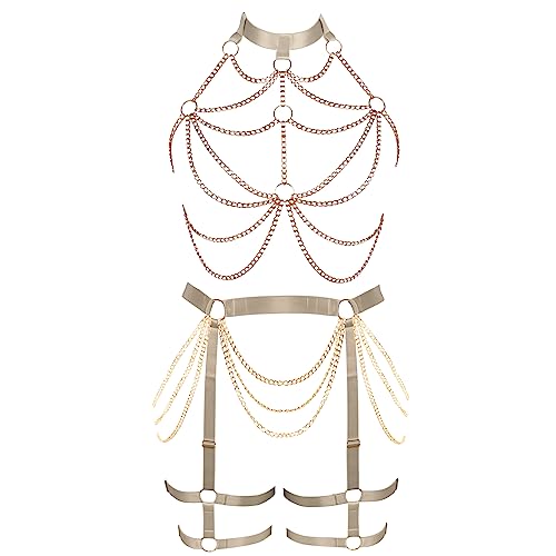 Damen Körper Harness BH Plus Size Mode Körper Käfig Strumpfband Set Punk Gothic Halloween Karneval Tanz Kostüm (Hellgelb) von BBOHSS