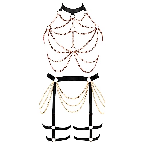 Damen Körper Harness BH Plus Size Mode Körper Käfig Strumpfband Set Punk Gothic Halloween Karneval Tanz Kostüm (Schwarz) von BBOHSS