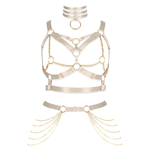 Damen Körper Harness BH Plus Size Mode Metall Kette Strümpfe Strumpfband Set Punk Gothic Karneval Halloween Tanz Kostüm (Hellgelb+Gold) von BBOHSS