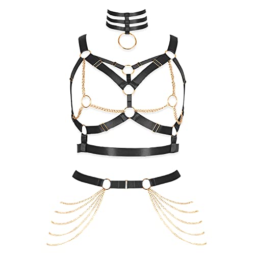 Damen Körper Harness BH Plus Size Mode Metall Kette Strümpfe Strumpfband Set Punk Gothic Karneval Halloween Tanz Kostüm (Schwarz+Gold) von BBOHSS