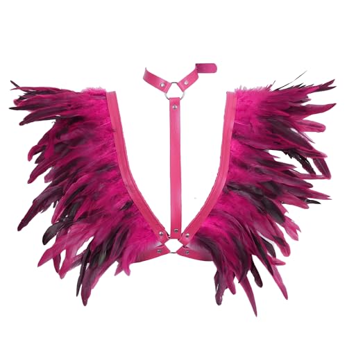 Damen Körper Harness Federn Leder BH Mode Punk Hollow Gothic Karneval Halloween Party Tanz BHS Zubehör (Rosenrot) von BBOHSS