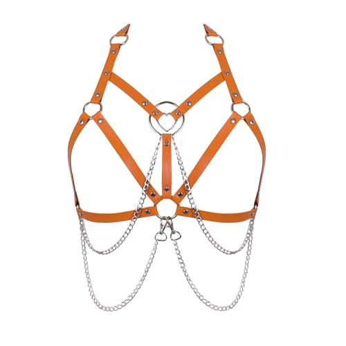 Damen Körper Harness Leder BH Mode Top Hohl Gürtel Punk Gothic Karneval Dance Party Zubehör (Orange) von BBOHSS