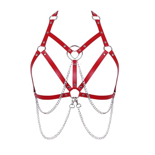 Damen Körper Harness Leder BH Mode Top Hohl Gürtel Punk Gothic Karneval Dance Party Zubehör (Rot) von BBOHSS