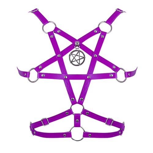 Damen Körper Harness Leder Pentagram BH Top Hohl Mode Gürtel Punk Gothic Halloween Karneval Tanz Party Kostüm (Lila) von BBOHSS