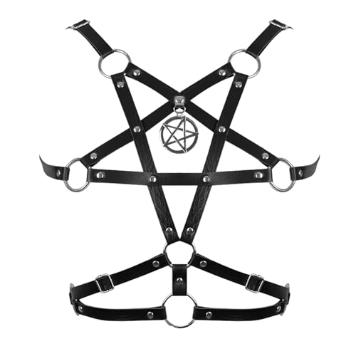 Damen Körper Harness Leder Pentagram BH Top Hohl Mode Gürtel Punk Gothic Halloween Karneval Tanz Party Kostüm (Schwarz) von BBOHSS
