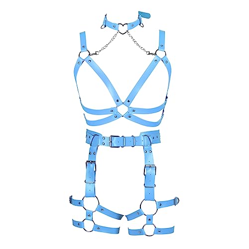 Damen Körper Harness Leder Punk BH Mode Cupless Hohl Strumpfband Set Gothic Halloween Karneval Tanz Kostüm (Himmelblau) von BBOHSS