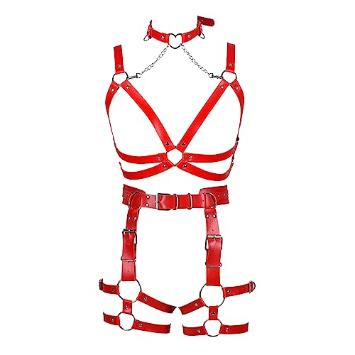 Damen Körper Harness Leder Punk BH Mode Cupless Hohl Strumpfband Set Gothic Halloween Karneval Tanz Kostüm (Rot) von BBOHSS