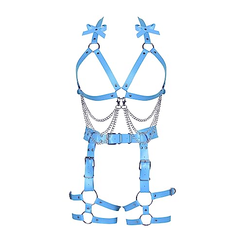 Damen Körper Harness Leder Punk BH Mode Hollow Strumpfband Set Gothic Halloween Karneval Tanz Kostüm (Himmelblau) von BBOHSS