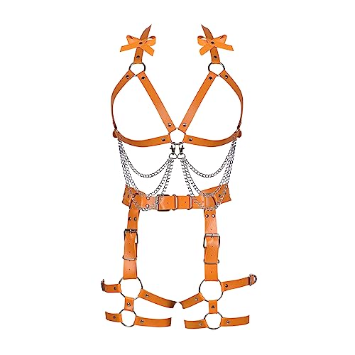 Damen Körper Harness Leder Punk BH Mode Hollow Strumpfband Set Gothic Halloween Karneval Tanz Kostüm (Orange) von BBOHSS