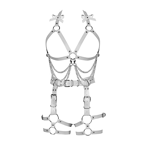 Damen Körper Harness Leder Punk BH Mode Hollow Strumpfband Set Gothic Halloween Karneval Tanz Kostüm (weiß) von BBOHSS