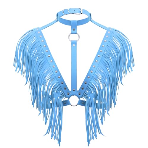 Damen Körper Harness Leder Quasten BH Mode Top Hohl Gürtel Punk Gothic Halloween Karneval Zubehör (﻿ Himmelblau) von BBOHSS
