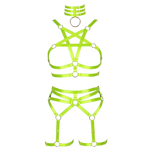Damen Körper Harness Pentagram BH Mode Hollow Strumpfband Set Punk Gothic Halloween Karneval Tanz Kostüm (Fluoreszierendes Grün) von BBOHSS