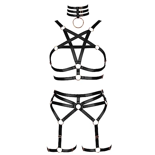 Damen Körper Harness Pentagram BH Mode Hollow Strumpfband Set Punk Gothic Halloween Karneval Tanz Kostüm (Schwarz) von BBOHSS