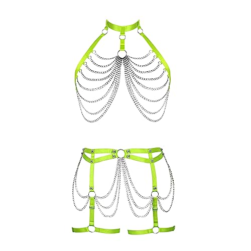Damen Körper Harness Punk BH Mode Hohl Cupless Strumpfband Set Gothic Halloween Karneval Party Kostüm (Fluoreszierendes Grün) von BBOHSS