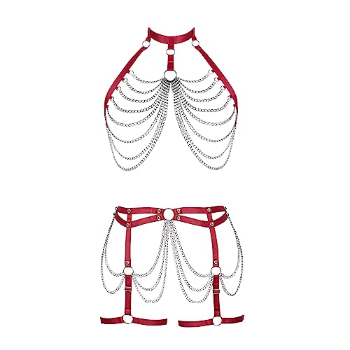 Damen Körper Harness Punk BH Mode Hohl Cupless Strumpfband Set Gothic Halloween Karneval Party Kostüm (Weinrot) von BBOHSS