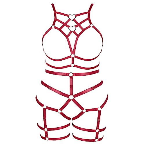 Damen Körper Harness Punk BH Plus Size Mode Hohl Cupless Strumpfband Set Gothic Karneval Halloween Tanz Kostüm (Weinrot) von BBOHSS