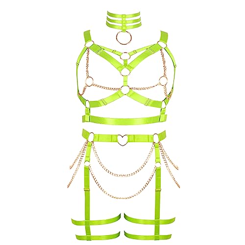 Damen Körper Harness Punk BH Plus Size Mode Hohl Strumpfband Set Gothic Halloween Karneval Club Kostüm (Fluoreszierendes Grün) von BBOHSS