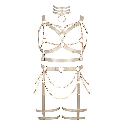 Damen Körper Harness Punk BH Plus Size Mode Hohl Strumpfband Set Gothic Halloween Karneval Club Kostüm (Hellgelb) von BBOHSS