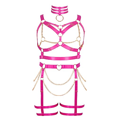 Damen Körper Harness Punk BH Plus Size Mode Hohl Strumpfband Set Gothic Halloween Karneval Club Kostüm (Rosenrot) von BBOHSS