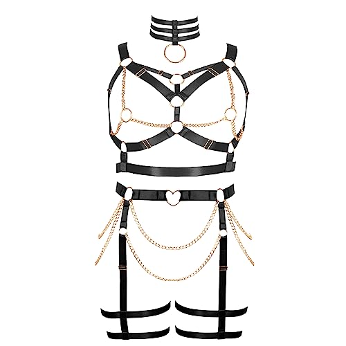 Damen Körper Harness Punk BH Plus Size Mode Hohl Strumpfband Set Gothic Halloween Karneval Club Kostüm (Schwarz) von BBOHSS
