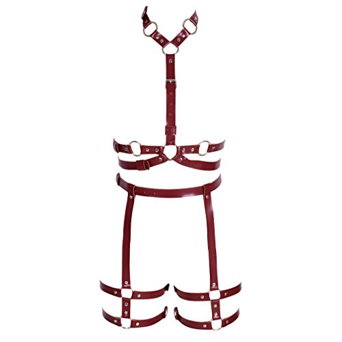 Damen Leder Body Harness BH Punk Strumpfband Set Gothic Fashion Größe kann Kleidung Accessoires anpassen (Weinrot) von BBOHSS