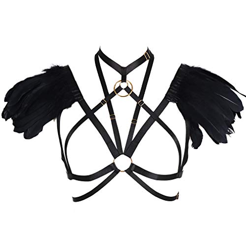 Frauen Feder Body Harness BH Riemen Schulterflügel BH Ärmelloser Straps Top Hohler BH Punk Gothic Tanz Karneval Kostüm (Schwarz) von BBOHSS